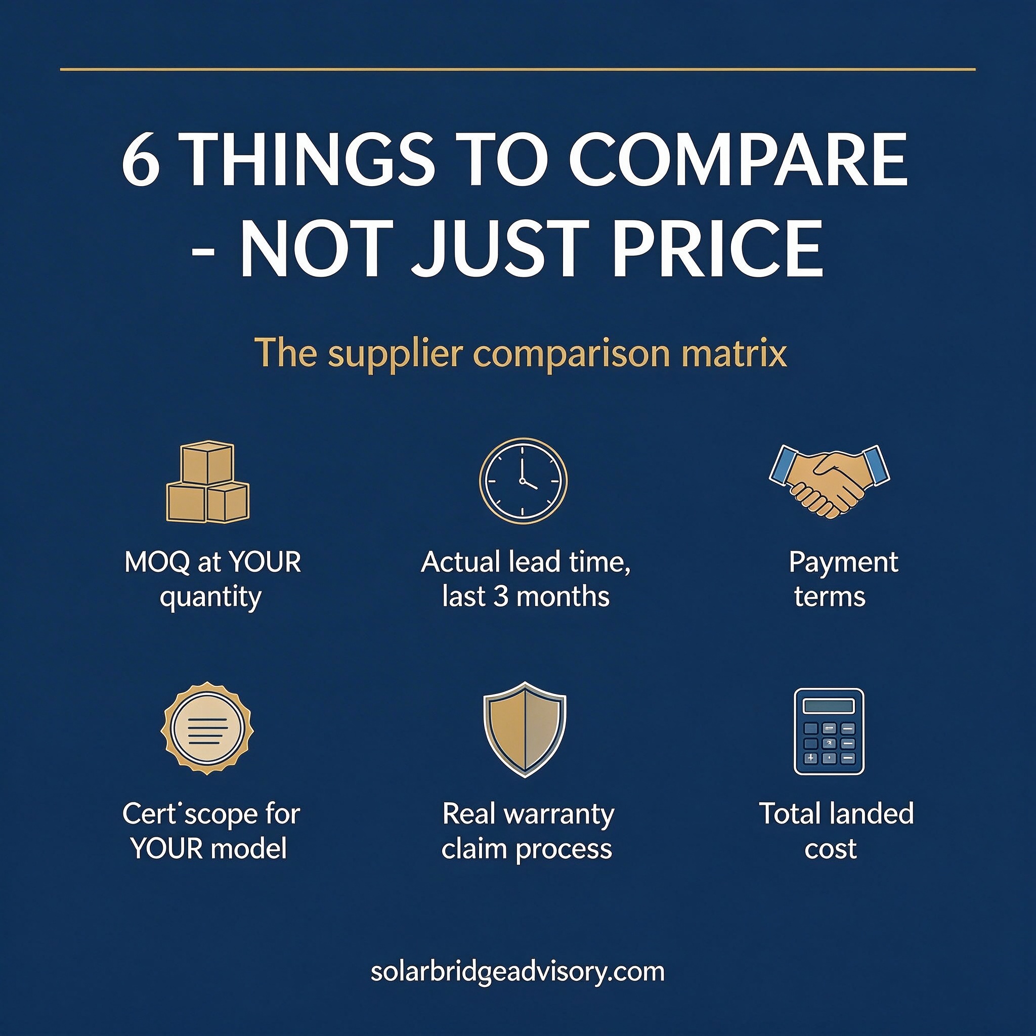 SolarBridge Advisory infographic: six dimensions to compare Chinese suppliers — MOQ, lead time, payment terms, certificate scope, warranty, total landed cost