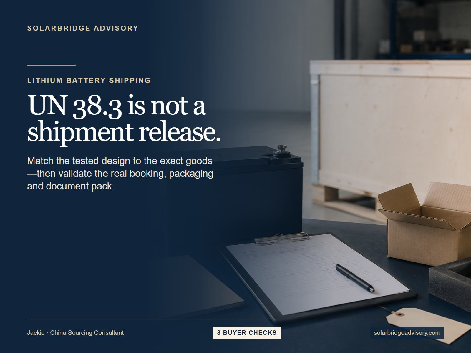 Generic lithium battery, protective packaging and a document clipboard prepared for buyer-side shipment evidence review