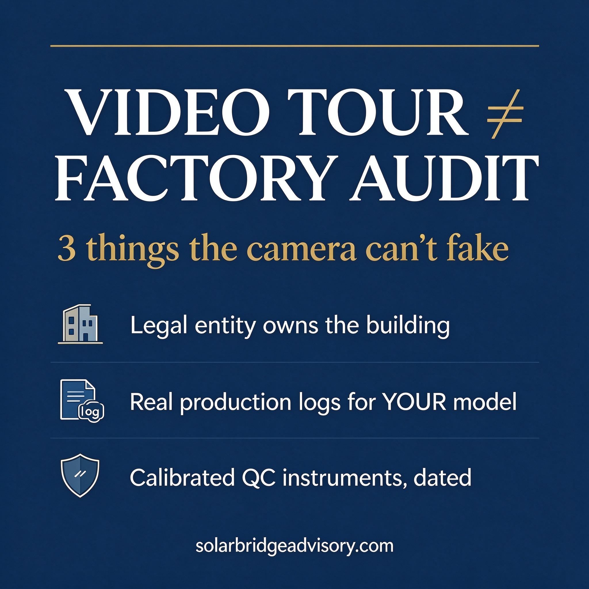 SolarBridge Advisory infographic: a video tour is not a factory audit; verify legal entity, production logs for your model, and calibrated QC instruments