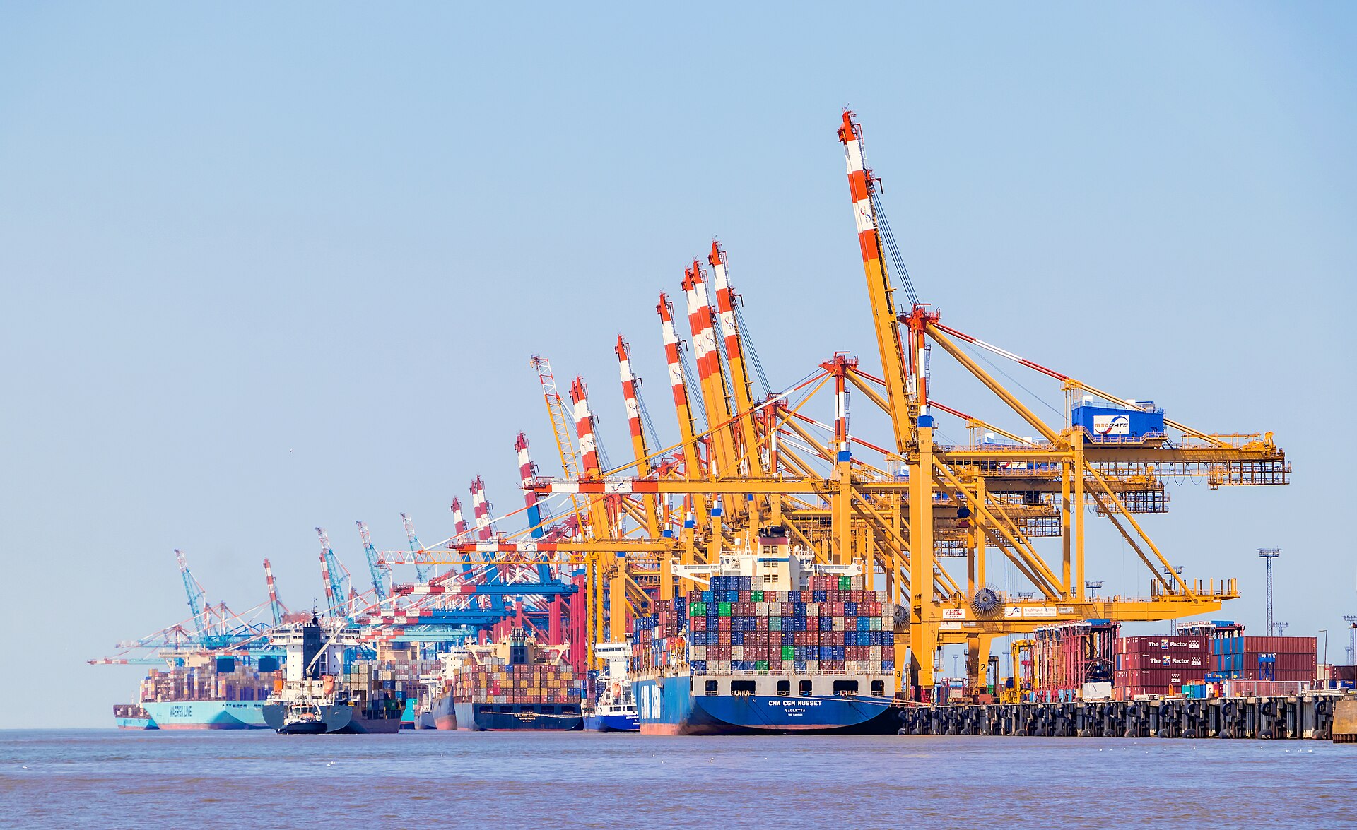 Container terminal with ships and gantry cranes — the global trade supply chains SolarBridge supports