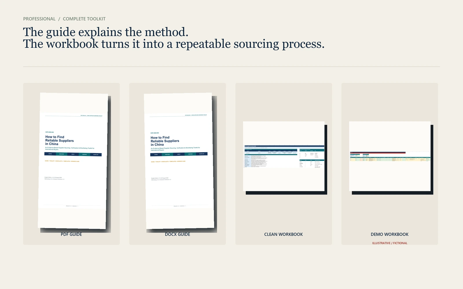 Professional bundle with PDF guide editable DOCX clean workbook and fictional demo workbook.